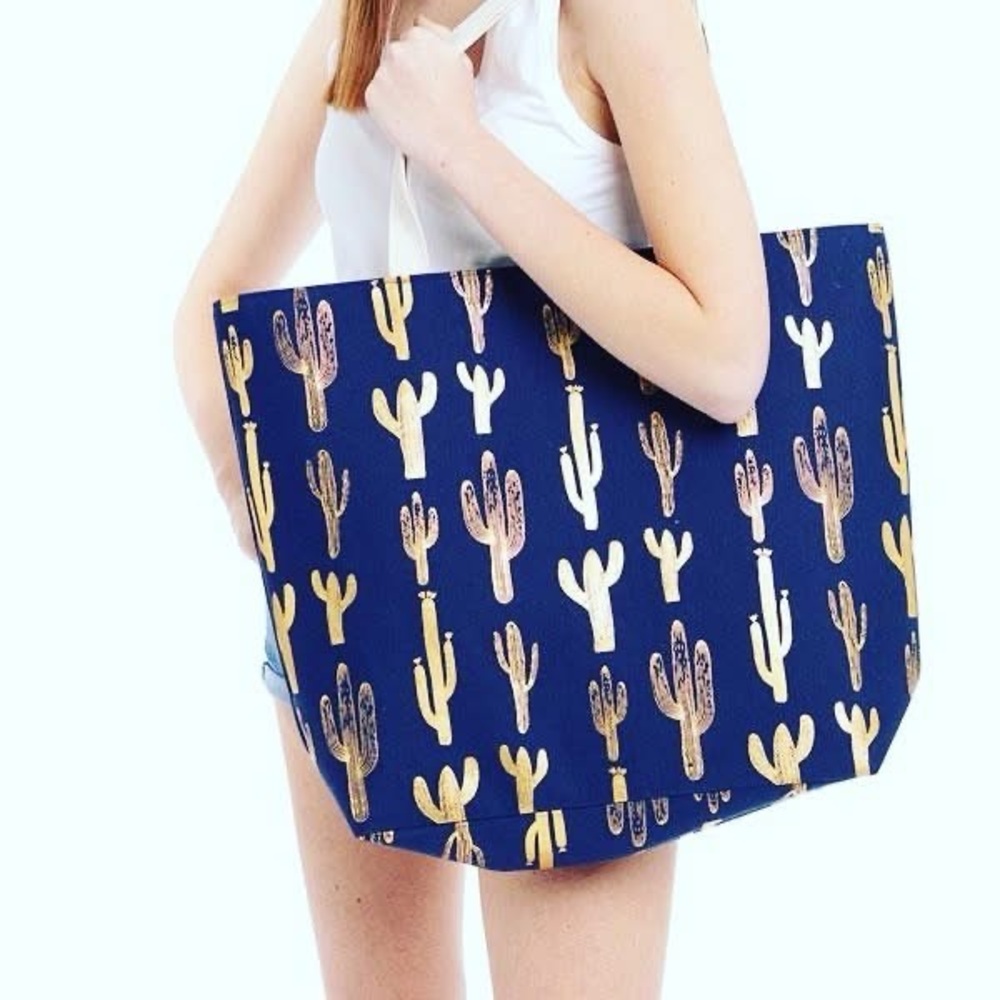 Stylish Cactus Print Tote Bag - Navy and Gold